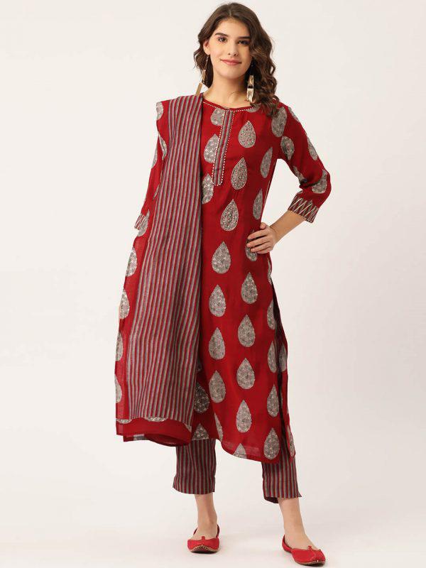 Maroon Rayon Printed Suit Set with Adda Work & Dupatta – Maaesa Clothing