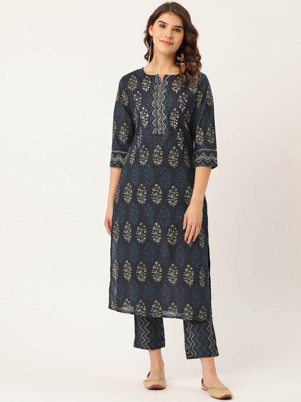 Blue Pure Cotton Printed Suit Set with Adda Mirror Work – Maaesa Clothing