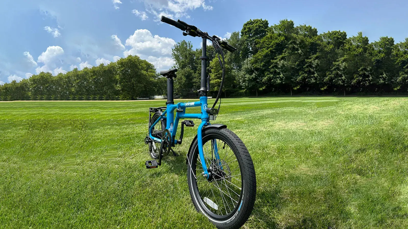 alt="Blue Leoguar electric bike parked on green grass field under blue sky, showing commuter e-bike design.