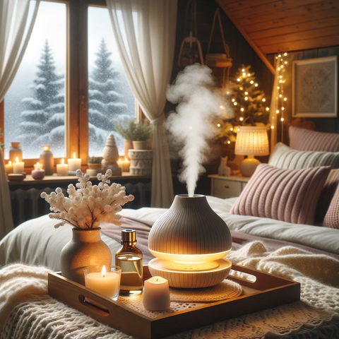 Aroma diffuser op een bijzettafel in een gezellige, winterse woonkamer, verspreidend een kalmerende geur van lavendel en kamille, met sneeuw zichtbaar buiten het raam.