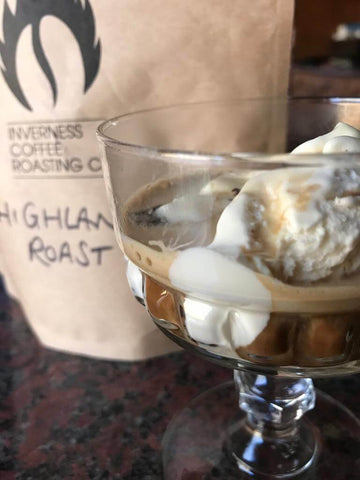  Chocamoca Affogato  “Affogato” originates from the Italian “affogare” or “to drown”. It is literally an ice cream “drowned” in a shot of espresso.  But how much better if the ice cream being drowned was your own home-made choca moka? No-churn choca moka ice cream  Ingredients  1 x 300ml tub fresh double cream  175g condensed milk  2 tablespoons cold fresh Highland Roast espresso coffee  2 tablespoons espresso liqueur (optional)  Instructions  Whisk all together in a big bowl until its beautifully airy, creamy and with soft peaks.  Break up chocolate into small pieces and mix through  Fill 1 or 2 airtight containers and freeze for about 5 or 6 hours.   Goodies made, and photos taken by our very own Flo 😍  You can extract an espresso shot from your home barista machine, Aeropress or handPresso.  Simply add a freshly made espresso coffee to your no churn choca moka ice-cream and you have a delicious dessert.  How awesome are you? 😎