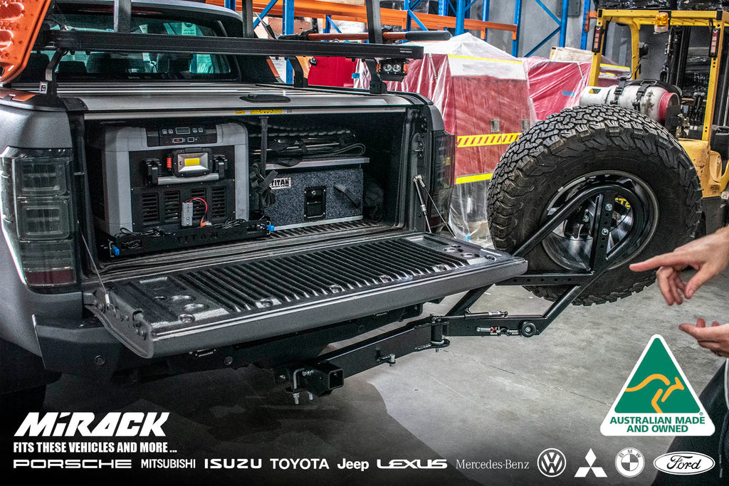 Ford Ranger Rear View with Mirack RHS Swinging Spare Wheel Carrier, freeing the bed for camping gear