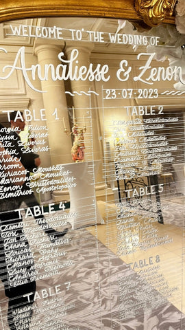Tous les prénoms et noms des invités écris sur le miroir pour le plan de table