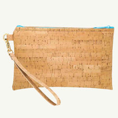 Cork leather vegan handbags wristlet with Aqua zipper