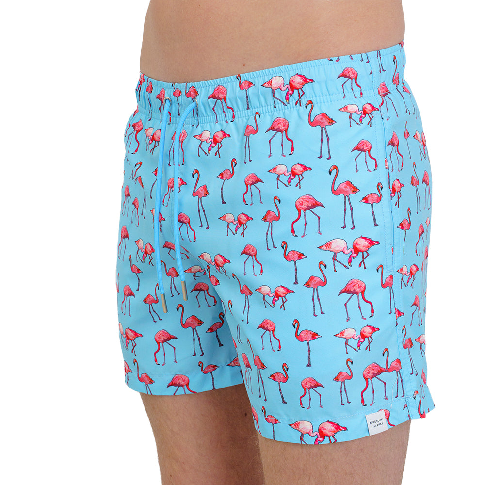 Flamingo Cluster Swim Shorts, Soft Blue