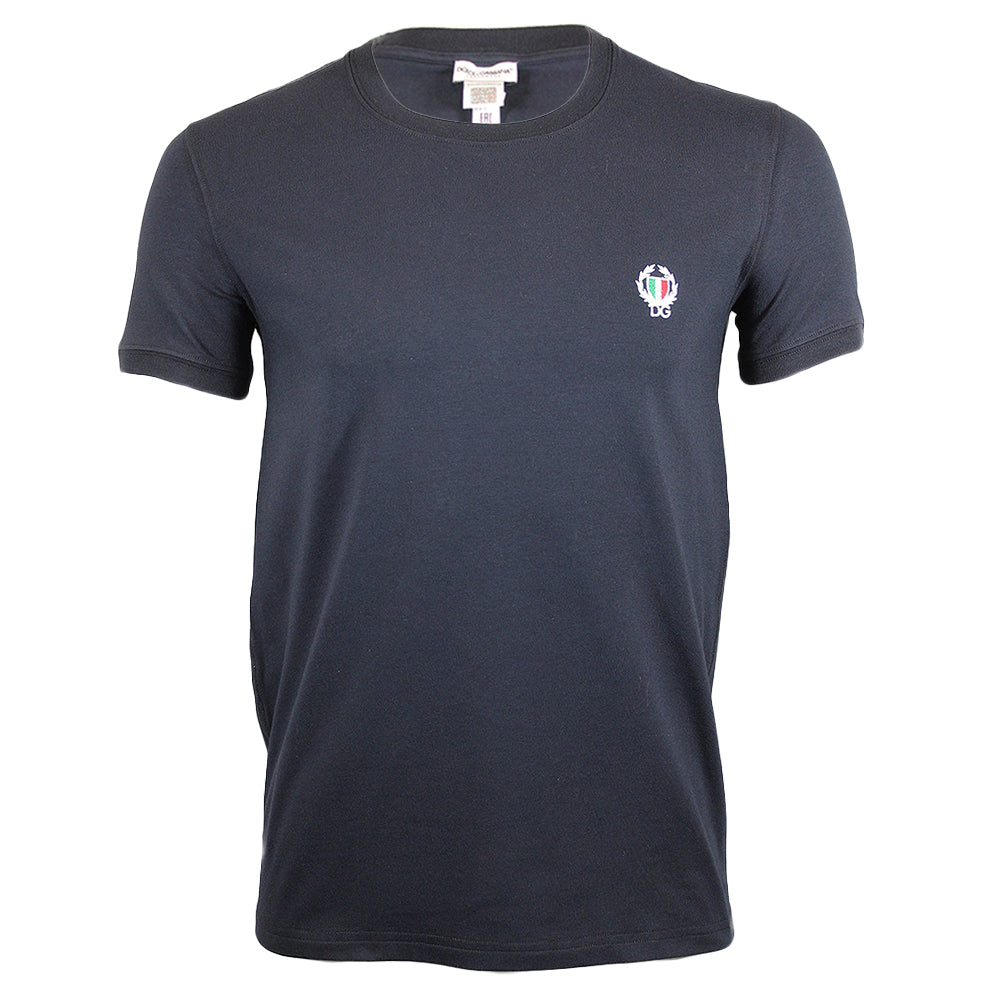 Crew-Neck Stretch Cotton T-Shirt with Crest, Navy Blue