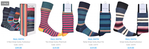 A screenshot of the four most recent Paul Smith striped socks stocked for Autumn/Winter2021
