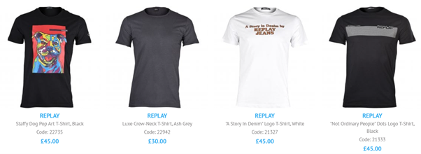 A screenshot of the UNDERU website showing our Replay men's t-shirts most recent picks - Replay SS22