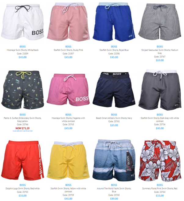 A screenshot of the most Recent BOSS men's swim shorts available here at UnderU. 12 shorts visible