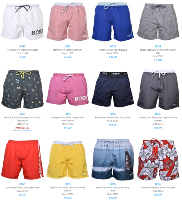 A screenshot of the most Recent BOSS men's swim shorts available here at UNDERU. 12 shorts visible