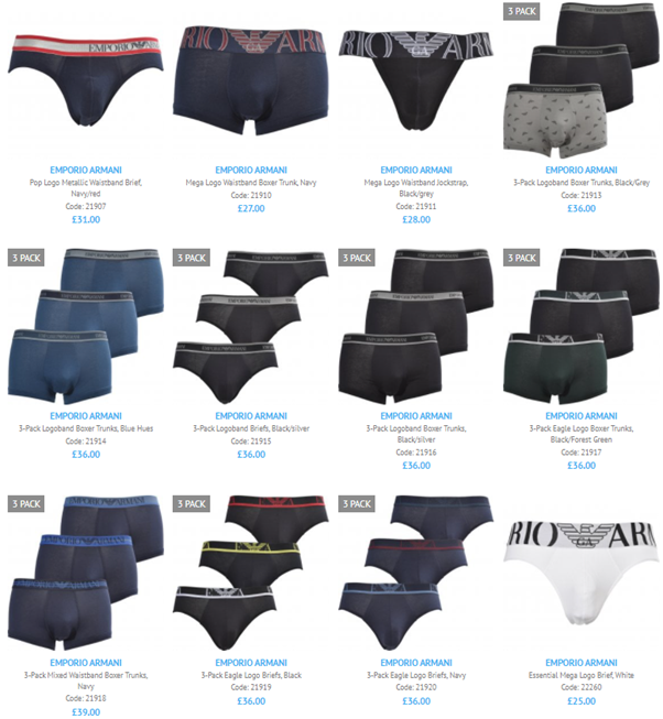 A screenshot of the 12 newest stocked Emporio Armani underwear products for Autumn/Winter2021
