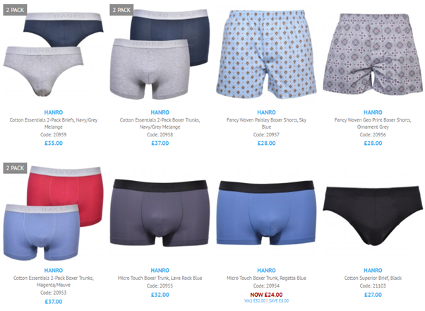 A screenshot of the most recent additions to our Hanro men's underwear collection
