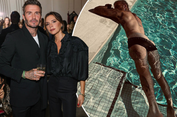 A picture of David Beckham wearing Versace boxers in a pool