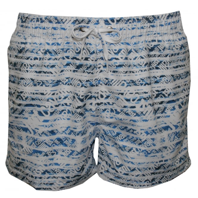 Allover Logo Print Swim Shorts, White/Denim