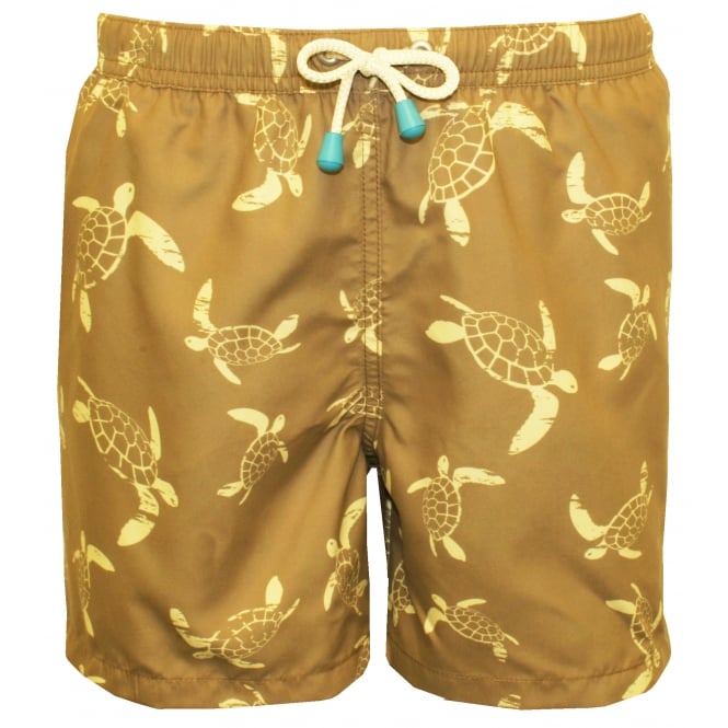 Turtle Print Boys Swim Shorts, Khaki/lemon