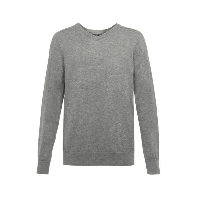 100% Extra Fine Merino Wool V-Neck Sweater, Grey Melange