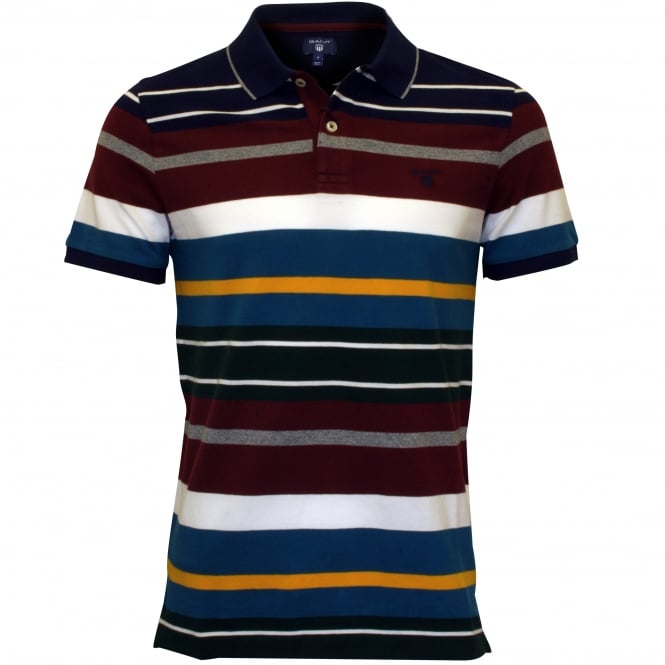 Multi Stripe Pique Rugger Polo Shirt, Burgundy/Blue