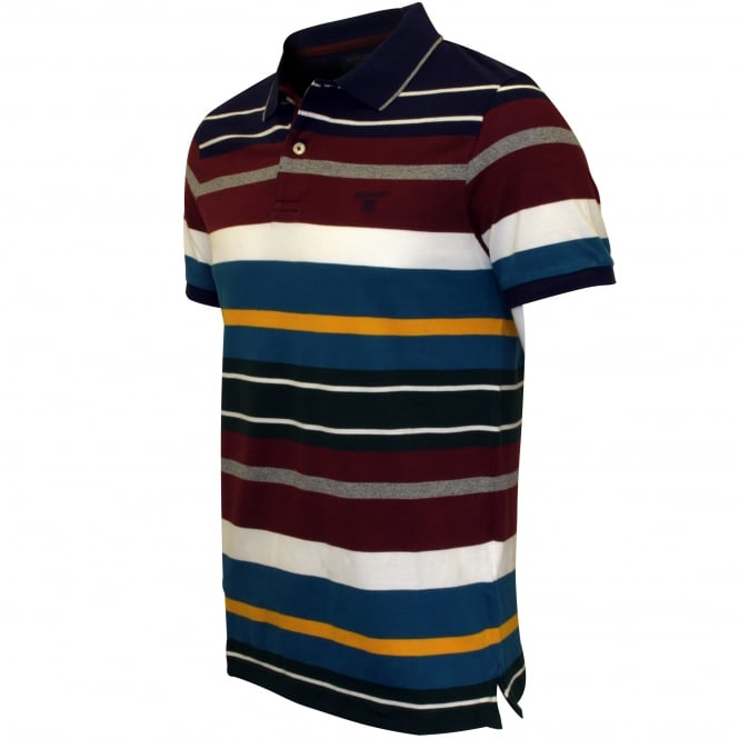 Multi Stripe Pique Rugger Polo Shirt, Burgundy/Blue