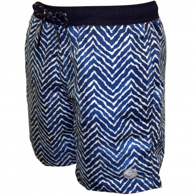 Two-tone Wavy Line Print Swim Shorts, Blue