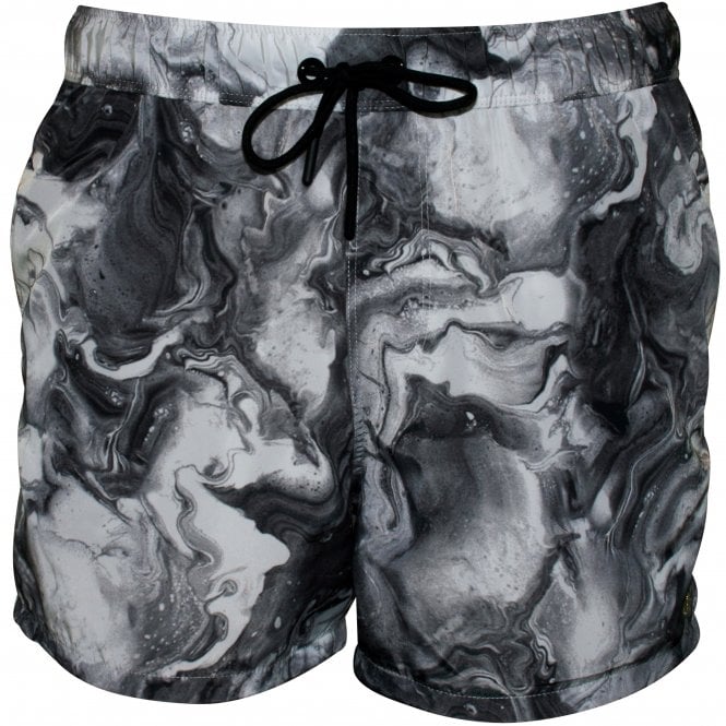 West Hampton Marble Print Swim Shorts, White/Black