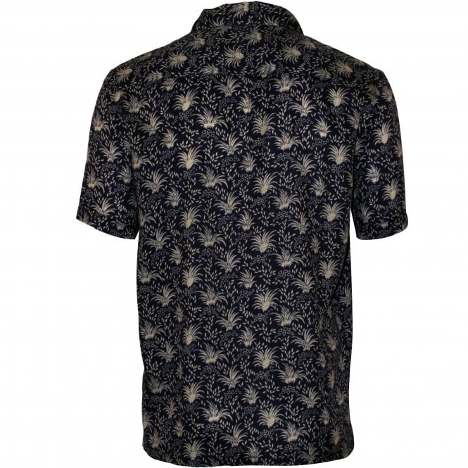 Palm Print Lyocell Short-Sleeve Shirt, Indigo