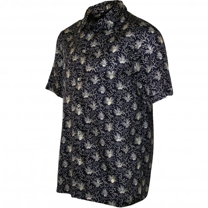 Palm Print Lyocell Short-Sleeve Shirt, Indigo