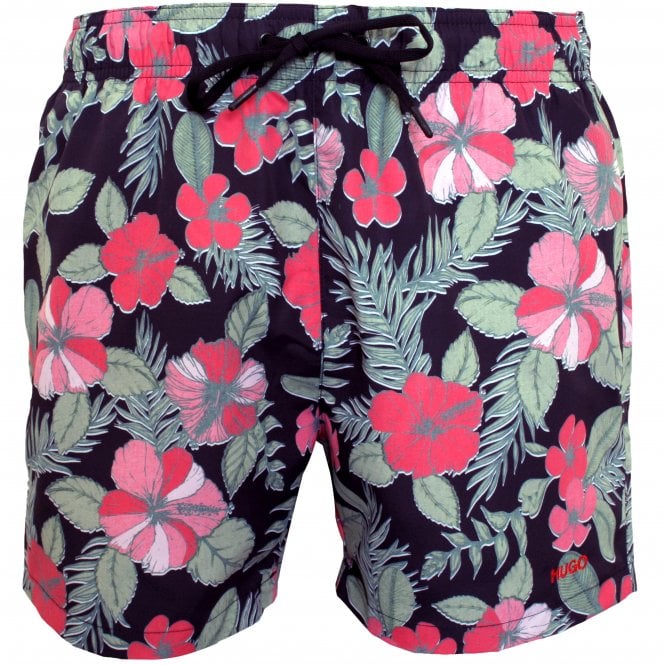 Hawaii Floral Print Swim Shorts, Black/Multi