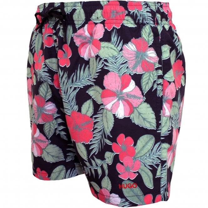 Hawaii Floral Print Swim Shorts, Black/Multi