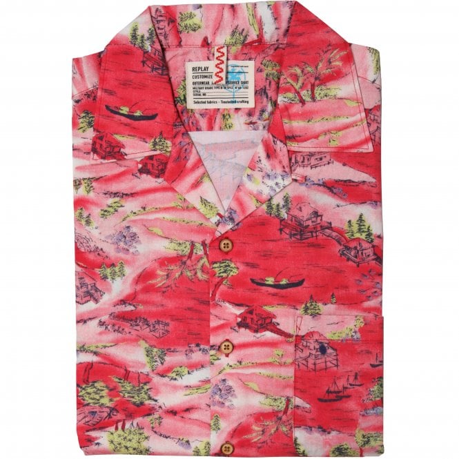 Japanese Landscape Short-Sleeve Shirt, Pale Red