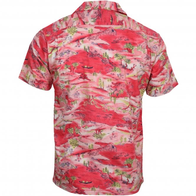 Japanese Landscape Short-Sleeve Shirt, Pale Red