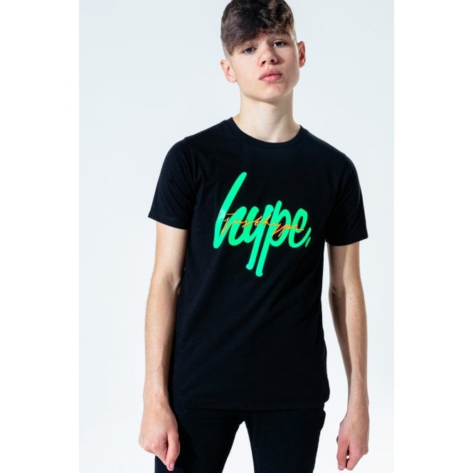 Boys Crew-Neck Neon Double Logo T-Shirt, Black