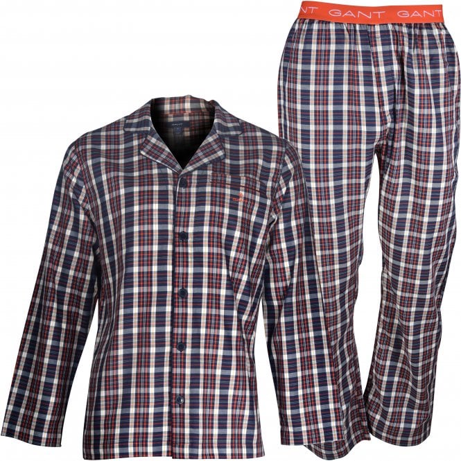 Soft Cotton Check Pyjama Set, Navy/Orange