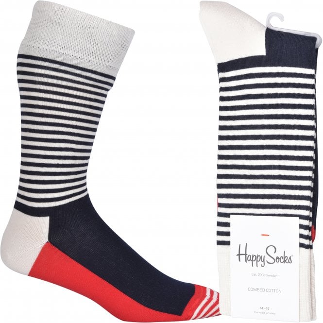 Half Stripe Socks, Navy/White