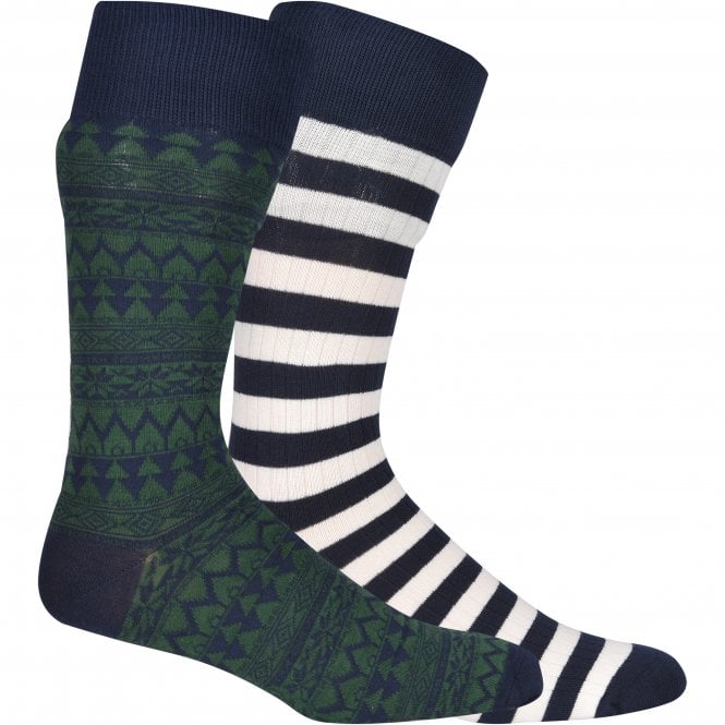 2-Pack Fair Isle & Stripe Socks Gift Box, Navy/Green