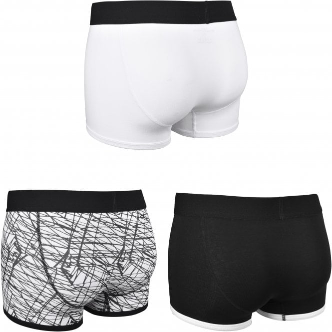 3-Pack Print & Solid Boxer Trunks, Black/White