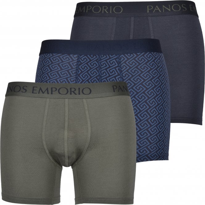 3-Pack Solid & Geo Print Base Bamboo Boxer Briefs, Grey/Olive/Blue