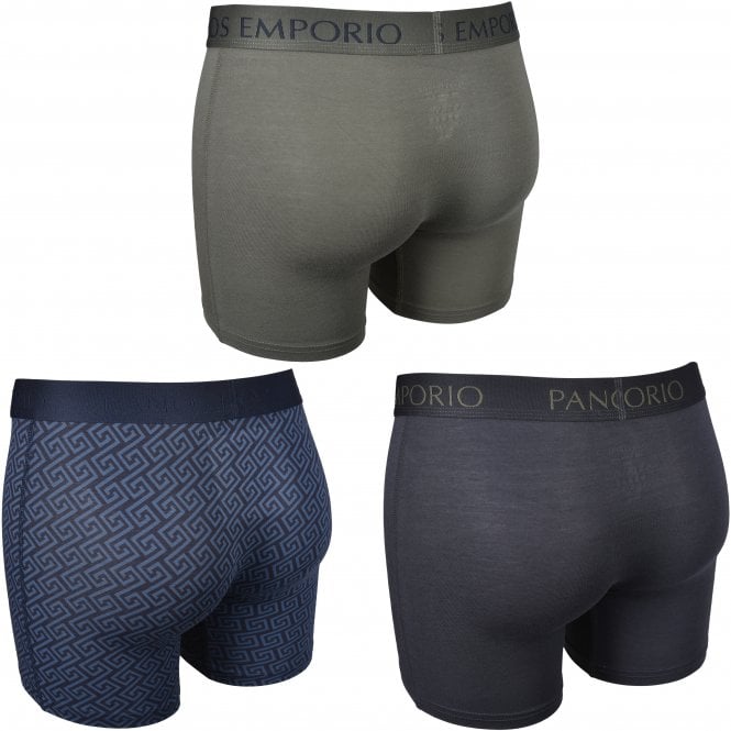 3-Pack Solid & Geo Print Base Bamboo Boxer Briefs, Grey/Olive/Blue