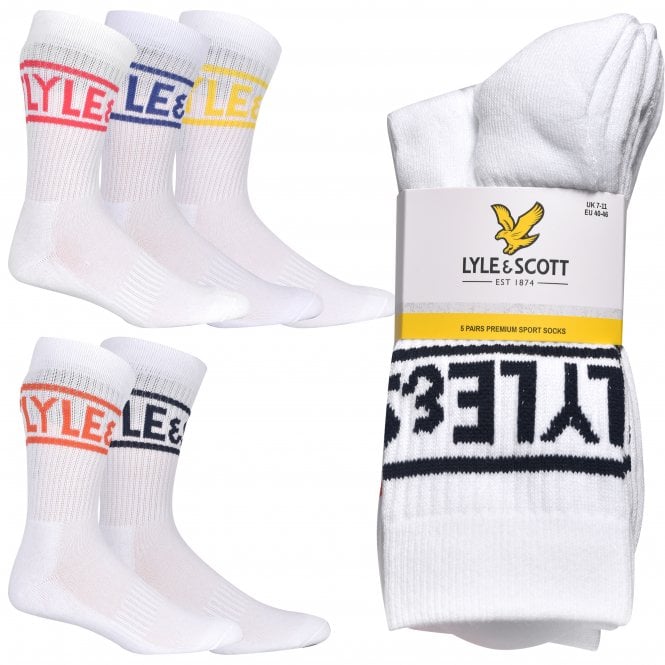 5-Pack Bright Script Logo Sports Socks, White