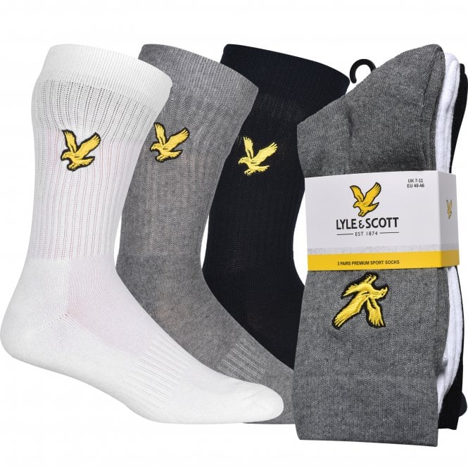 3-Pack Big Eagle Logo Sports Socks, Black/White/Grey