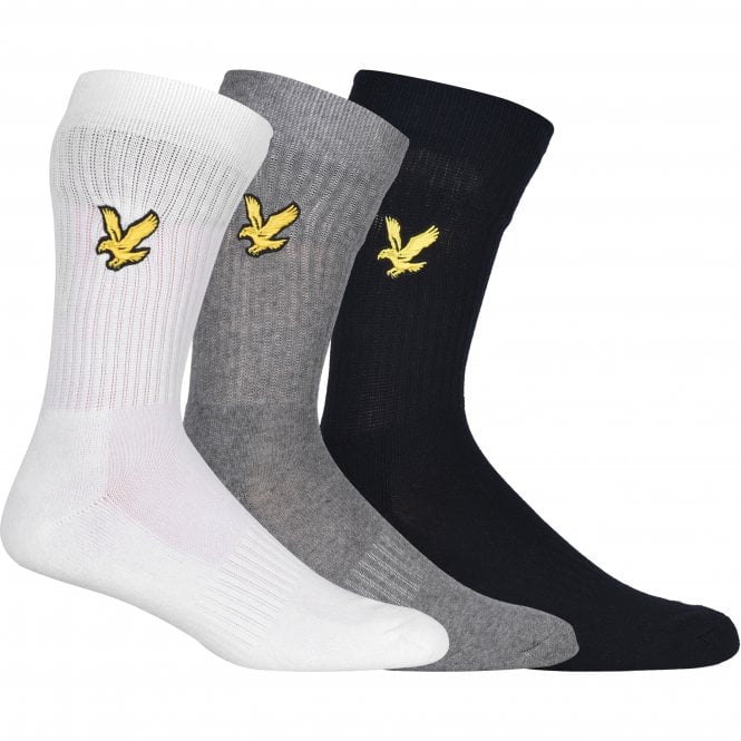 3-Pack Big Eagle Logo Sports Socks, Black/White/Grey