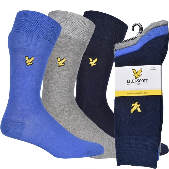 3-Pack Golden Eagle Logo Socks, Navy/Grey/Blue