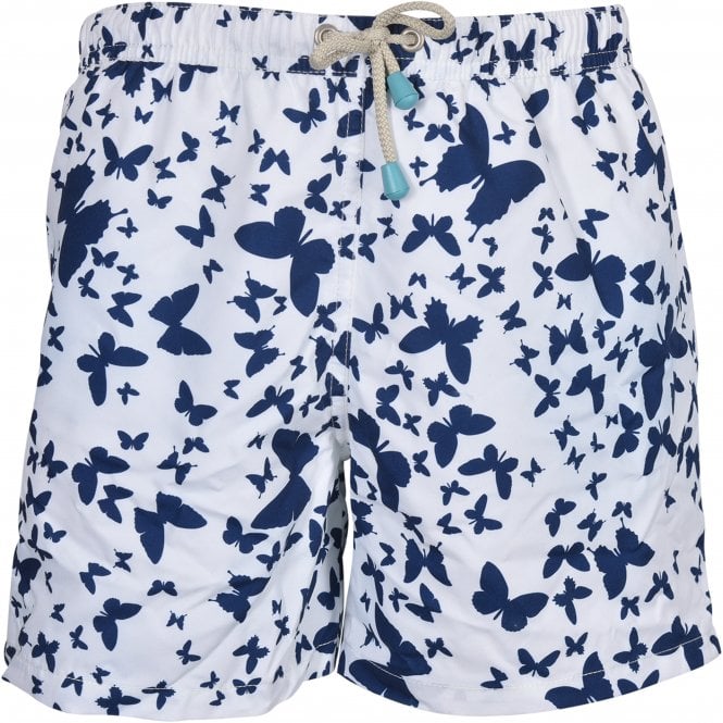 Butterfly Print Boys Swim Shorts, White/Navy