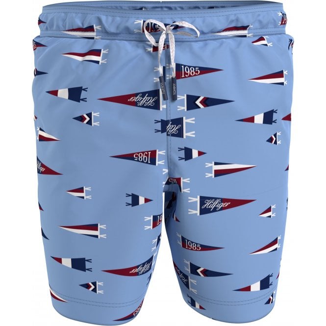 Pennant Print Boys Swim Shorts, Oxford Blue