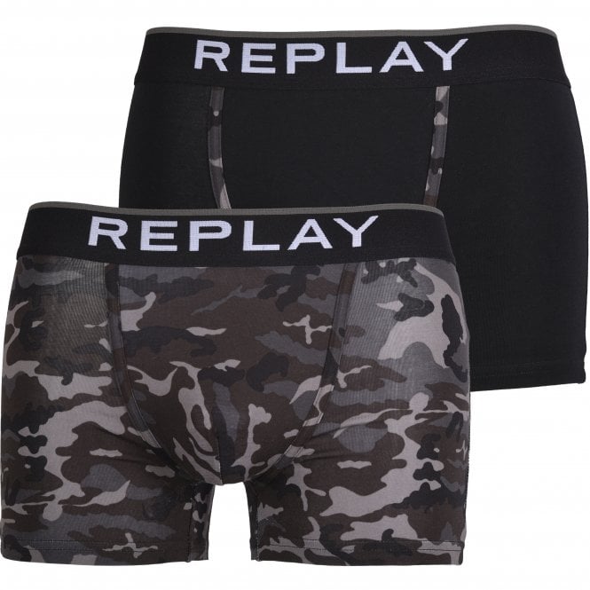 2-Pack Camo Print Boxer Trunks, Black/grey