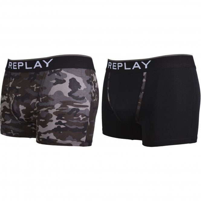 2-Pack Camo Print Boxer Trunks, Black/grey