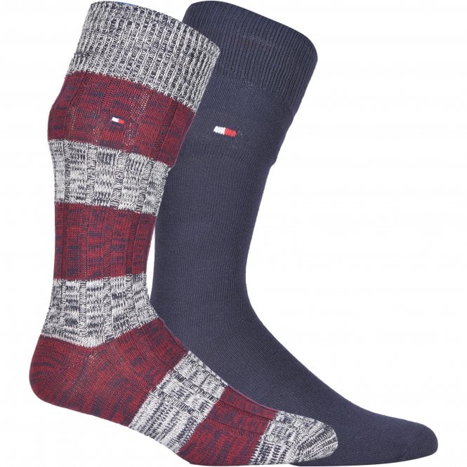 2-Pack Slub Mouline Rugby Stripe Boot Socks, Navy/Rouge