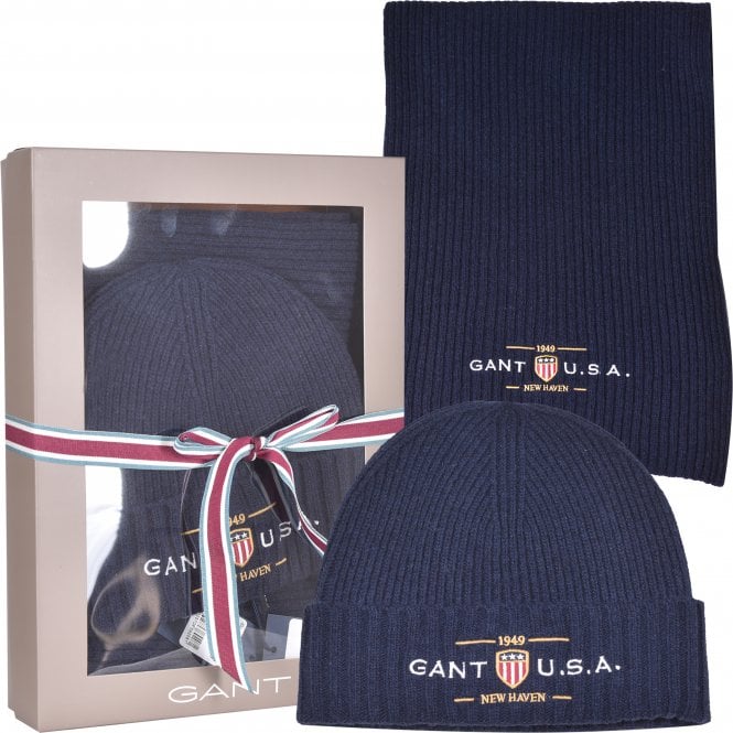 1949 Newhaven Shield Ribbed Wool Scarf & Beanie Gift Box, Navy