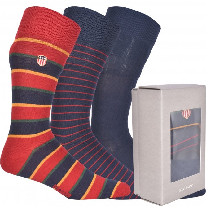 3-Pack Stripe & Solid Socks Gift Set, Navy/red