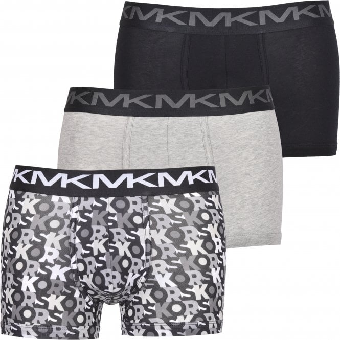 3-Pack AOP & Solid Boxer Trunks, Black/Grey