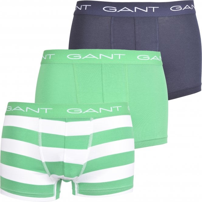 3-Pack Solid & Rugby Stripe Boxer Trunks, Green/navy